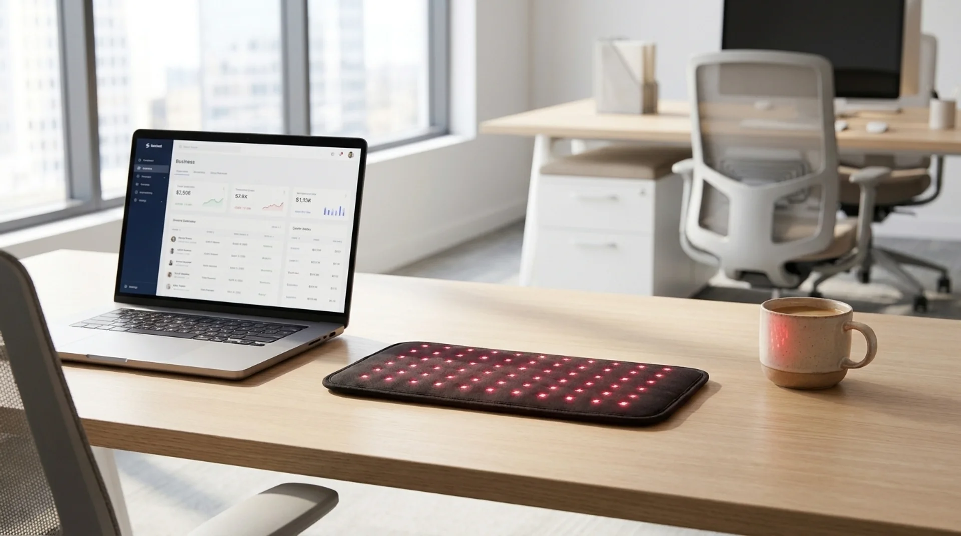 Zavelian Targeted Red Light and Near-Infrared Recovery Wrap on a desk beside a laptop